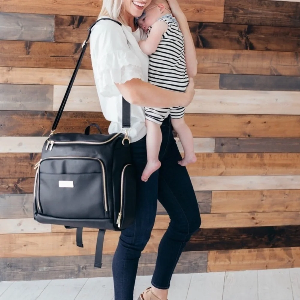 Greyfox Diaper Bag Vegan Leather Black Backpack with shoulder Strap Large